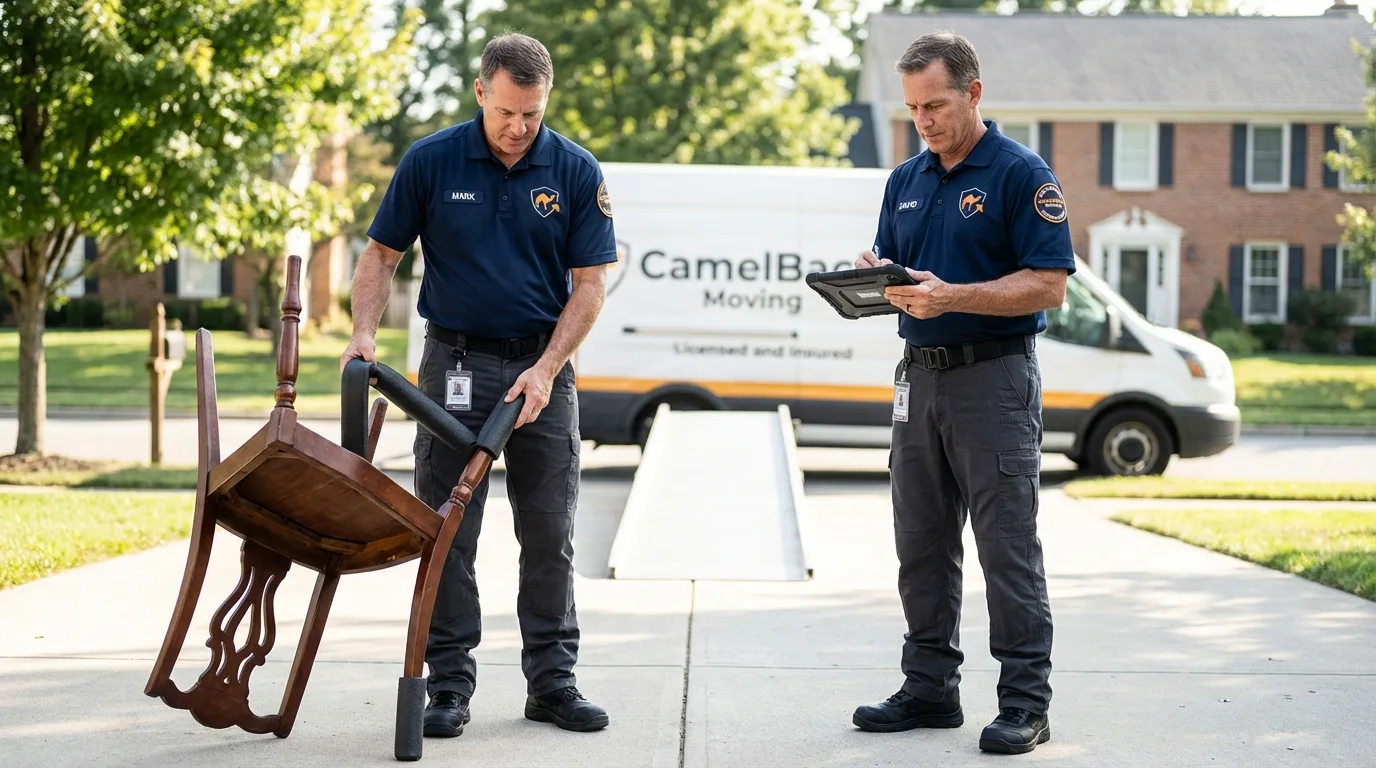 Movers inspecting furniture for damage prevention before loading in Gretna, VA