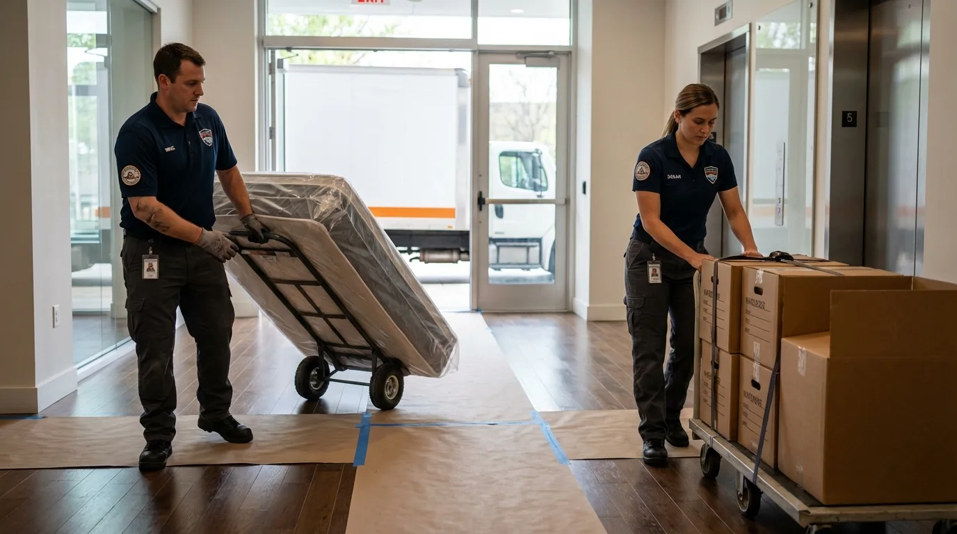 Professional apartment movers loading elevator in Gretna, VA